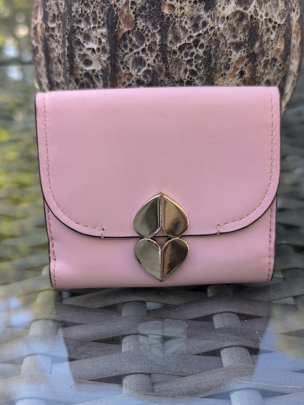 Kate Spade Light Pink Leather Compact Wallet with Gold Heart Clasp